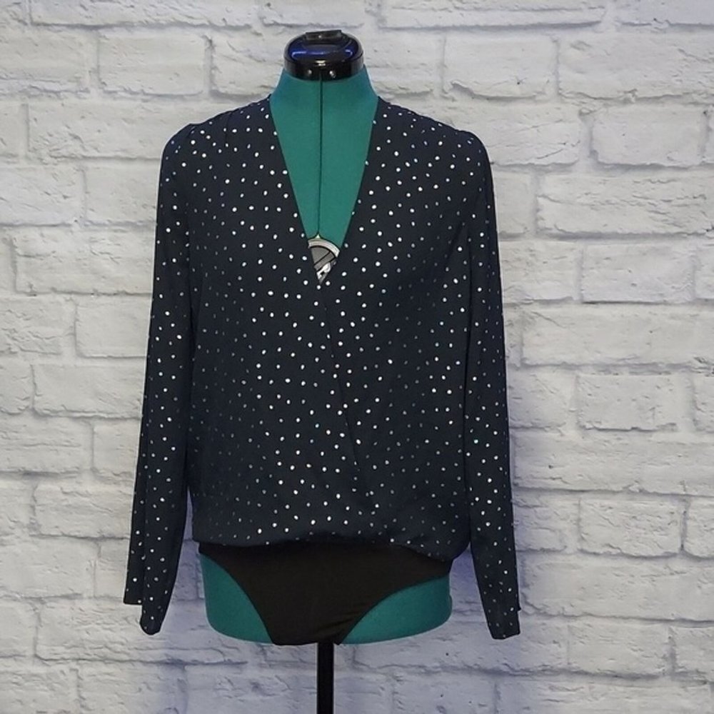 Bcbgenerarion Women's Black Gold polka dot Surplice long sleeve bodysuit Sz S